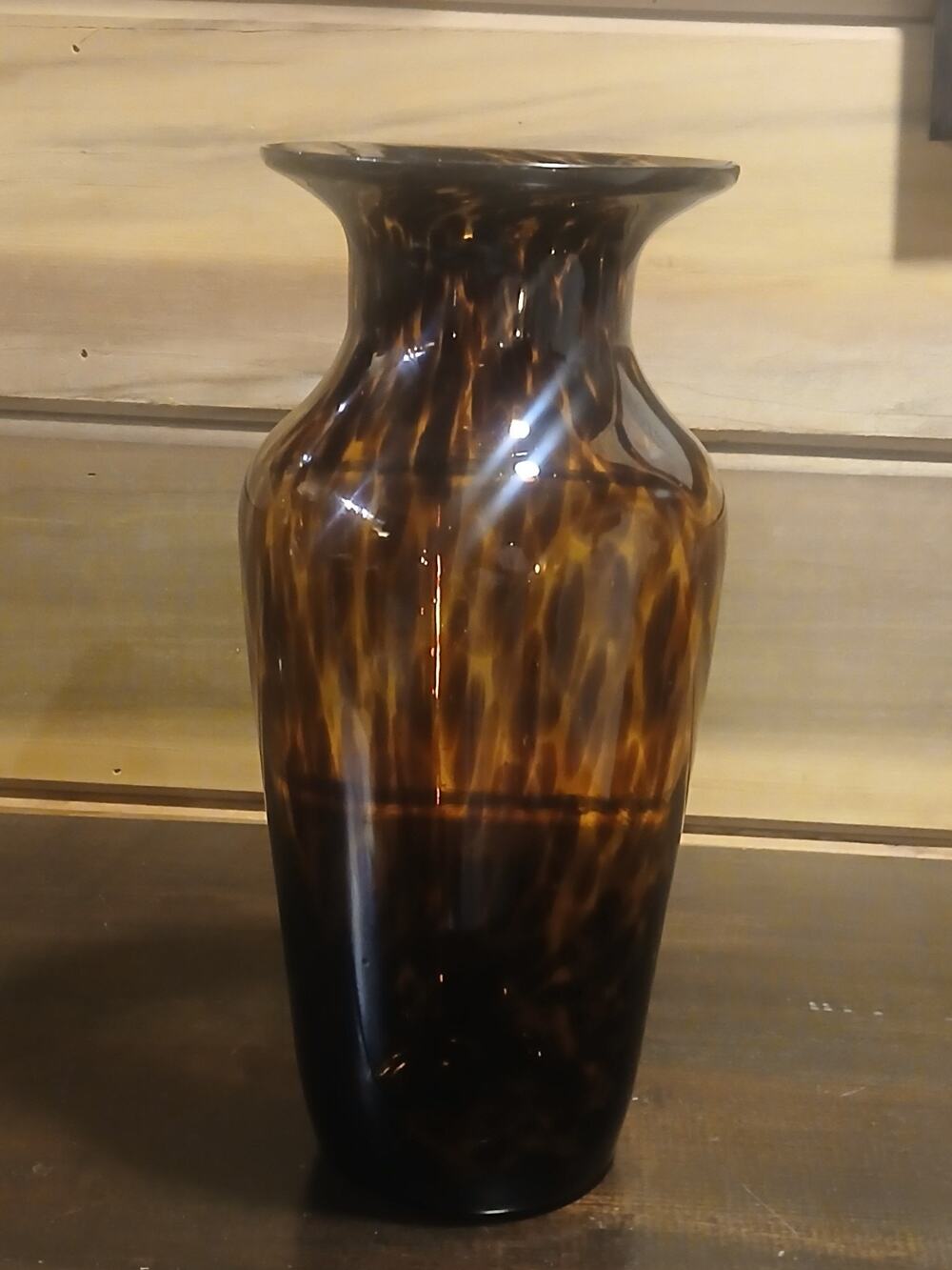 Vintage Murano Style Tortoiseshell Glass Vase Hand Blown Amber Brown MCM 12"